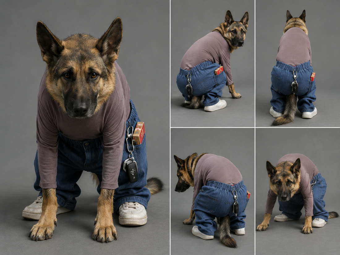 狗配角参考图:一只德国牧羊犬穿着人类打工人的衣服 —— 洗旧的紫灰色长袖 T 恤、蓝牛仔裤、白球鞋,裤腰挂着一串车钥匙,毛发写实、蒙着一层废土尘灰,表情有戏
