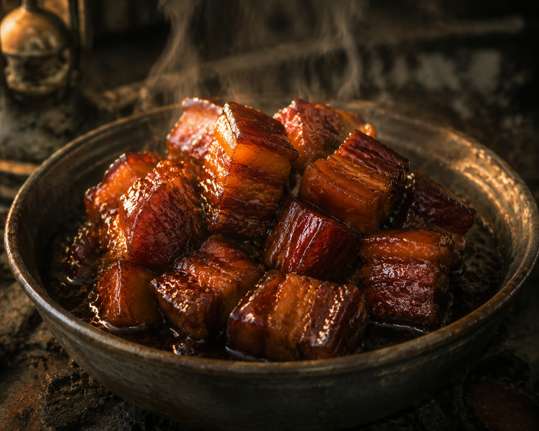 一碗红烧肉的参考图:深色陶碗盛着油亮的红烧肉,热气升腾,暖光打在肉上,背景是废土色调的粗糙木质台面。这张图在制作留档里被命名为「情绪炸弹,要拍香」